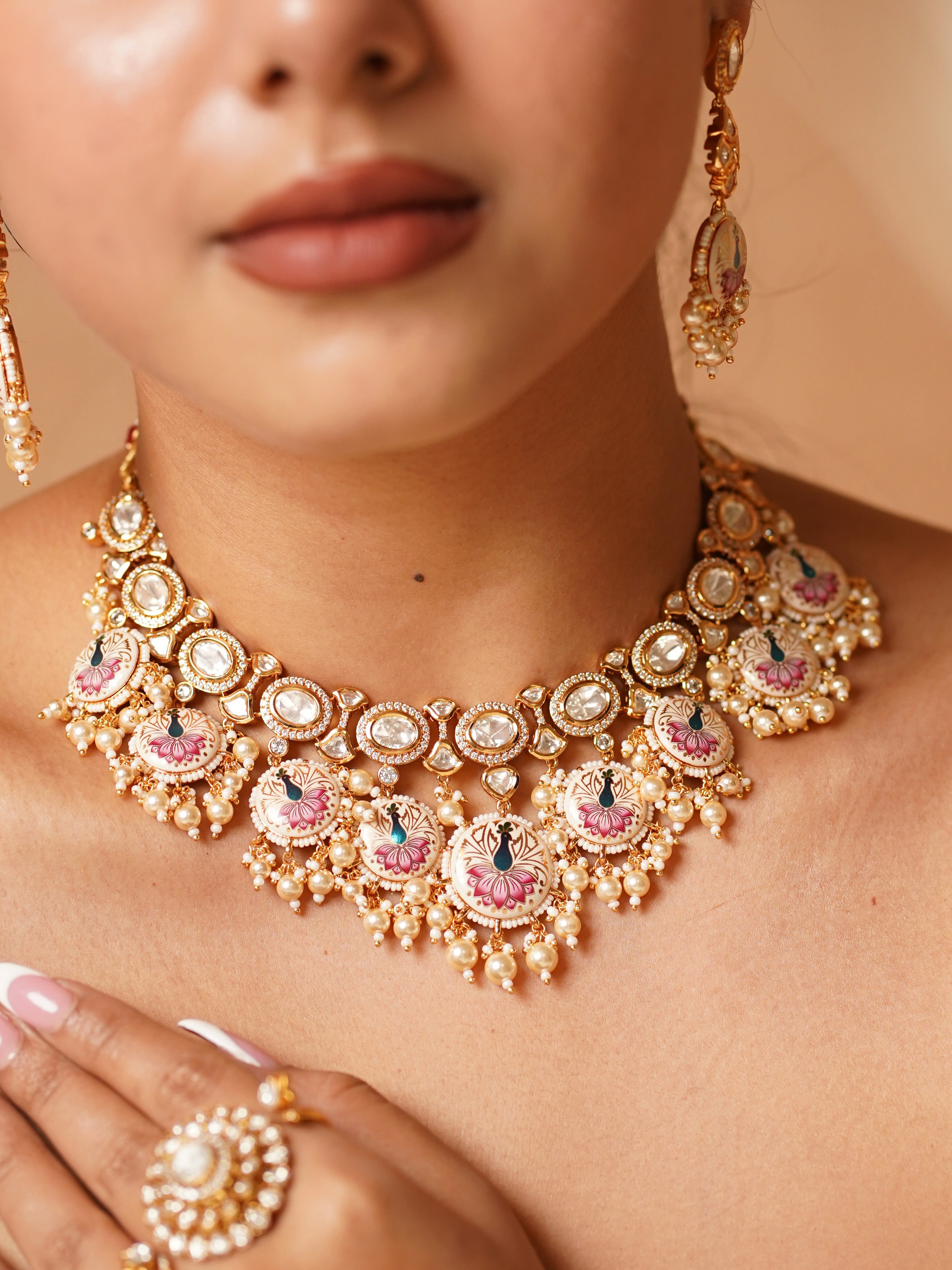 Micron gold plated peacock meenakari necklace with intricate enamel earrings